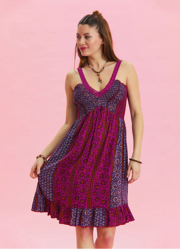 Strap Lace Collar Purple Ethnic Dress 4575